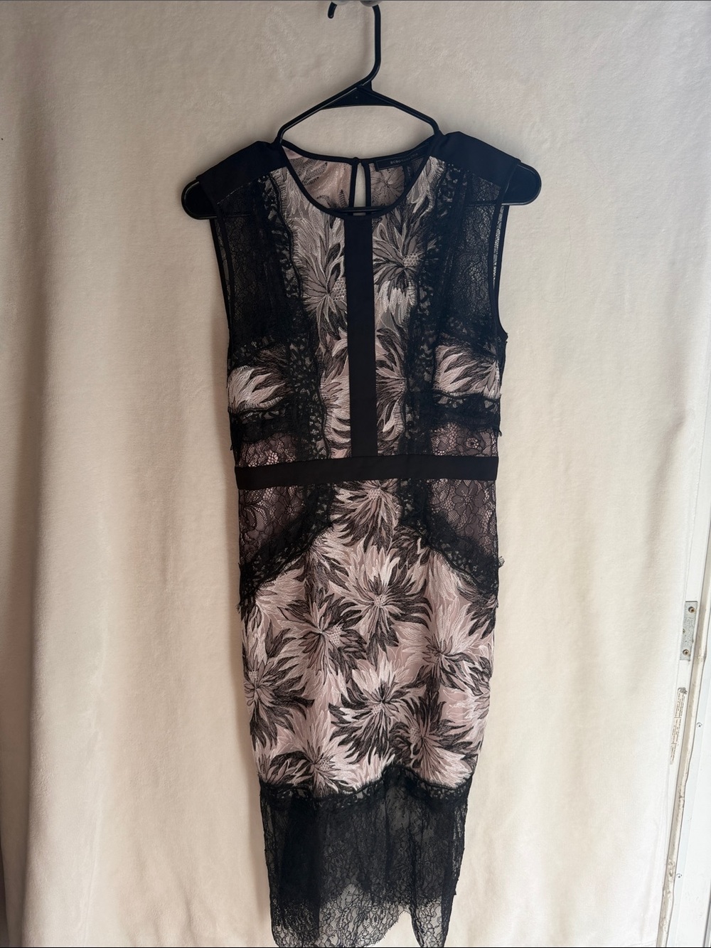 BCBGMaxAzria Black Lace Overlay Blush Floral Midi Dress